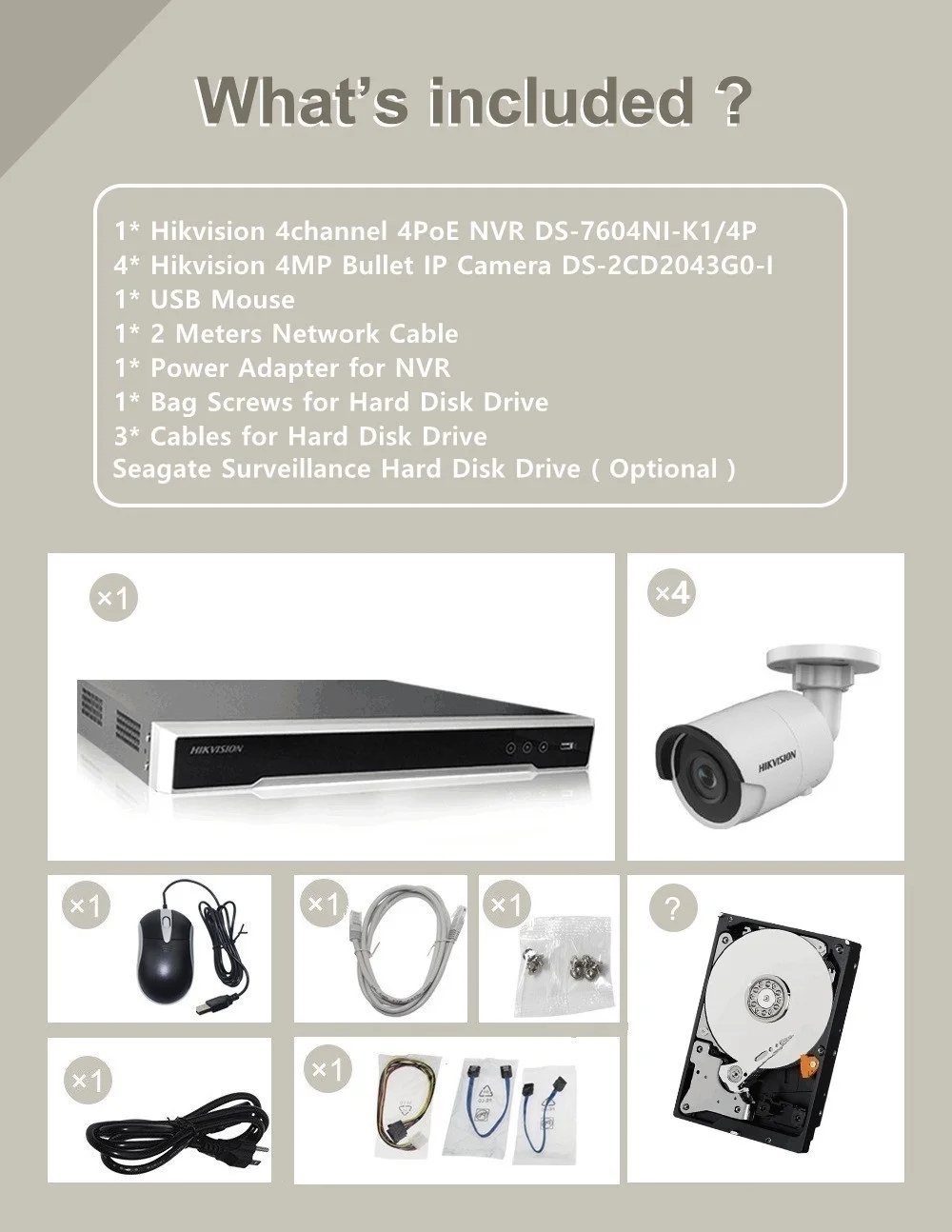 Hikvision видеонаблюдения 4CH CCTV комплекты 4MP пуля сетевая IP камера DS-2CD2043G0-I+ NVR DS-7604NI-K1/4 P 8MP разрешение P2P