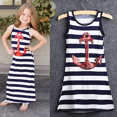 Модная детская одежда для девочек платья нарядное платье в матросскую полоску с