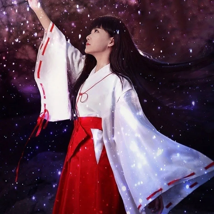 10 шт. Inuyasha Kikyou косплей платье костюмы кикио парики для женщин и мужчин японский комплект кимоно парик волосы подарок на Рождество, Хэллоуин