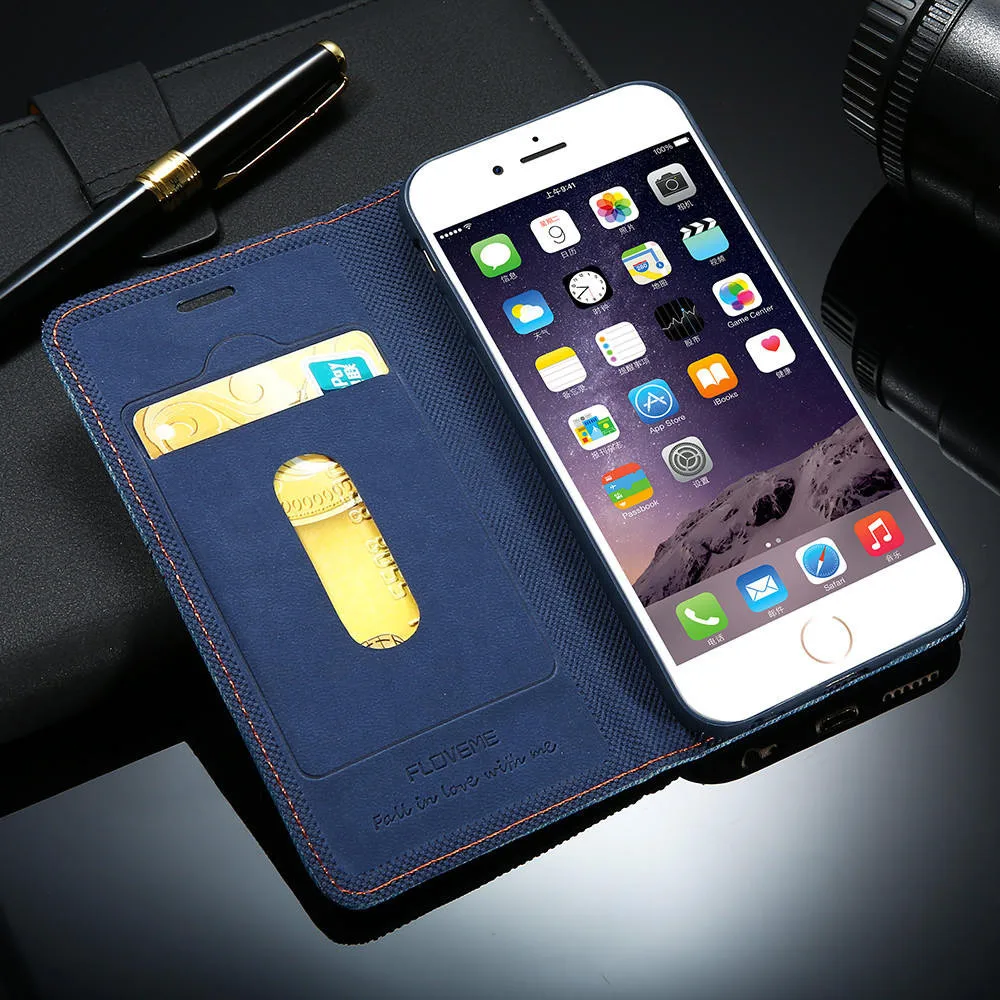 Кожаный чехол для телефона FLOVEME Jean iPhone 6 6S 7 Plus из джинсовой ткани противоударный s