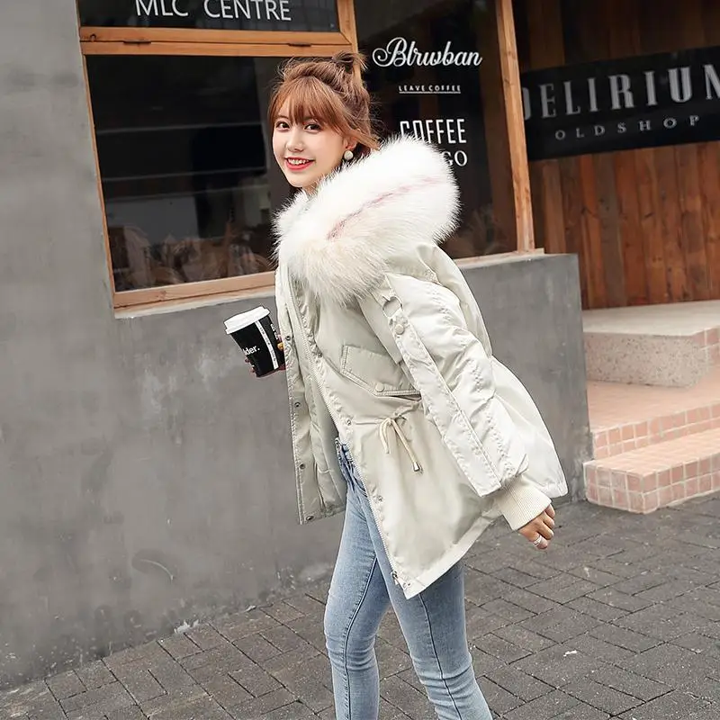 Fitaylor Women Short Winter Cotton Parkas Hooded Warm Loose Jacket Coat Large Fur Collar Cotton Padded Jacket Casual Outerwear - Цвет: Beige