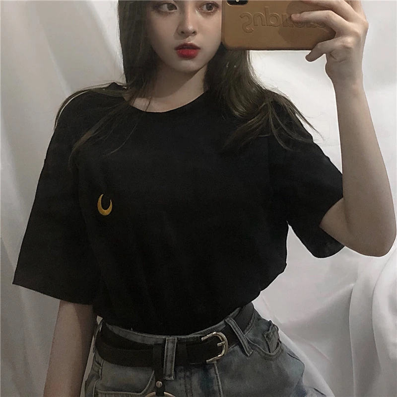 Harajuku Chic Луна вышивка футболка для Для женщин короткий рукав свободные летние унисекс футболки