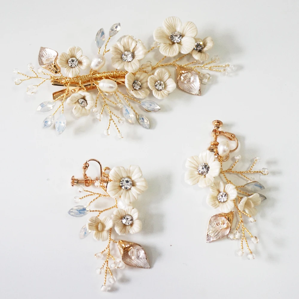 

Clay Flower Bridal Headpiece Handmade Opal Crystal Hair Clip Wedding Barrettes Fashion Women Hair Jewelry Bridesmaid