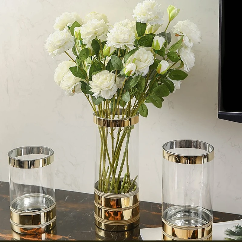 

Modern Golden glass vase decoration Light luxury Handmade Cylinder hydroponic vases vase for wedding decoration flower vases for