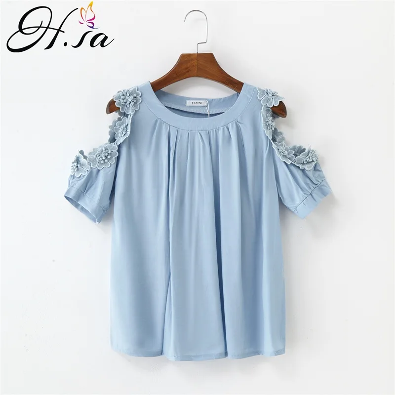 Женская футболка с коротким рукавом H.SA белая открытыми плечами и кружевом 2021