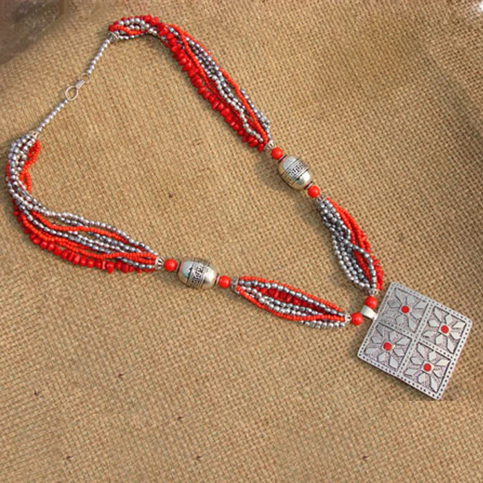 Тибет Непал Оптовые этнические Драгоценности квадратная медаль ожерелье D 28|necklace