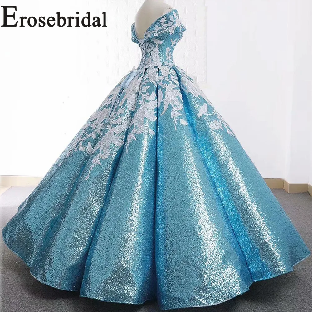Женское платье с открытыми плечами Erosebridal лазурное V-образным вырезом длинное