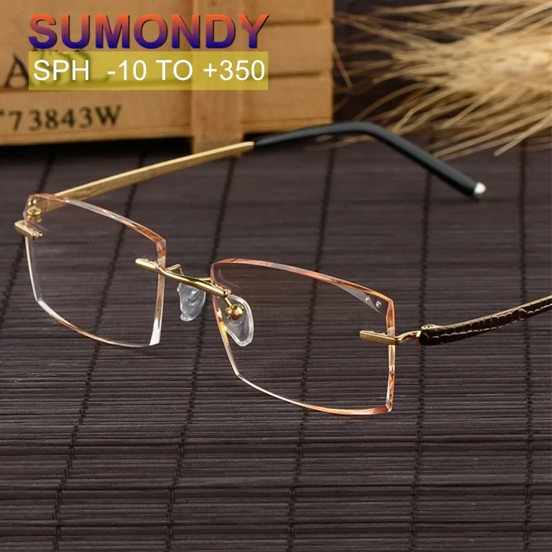

SUMONDY SPH -10 TO + 3,5 высококачественные очки по рецепту, мужские титановые очки без оправы градиентный Оптический очки для близорукости и пресбио...