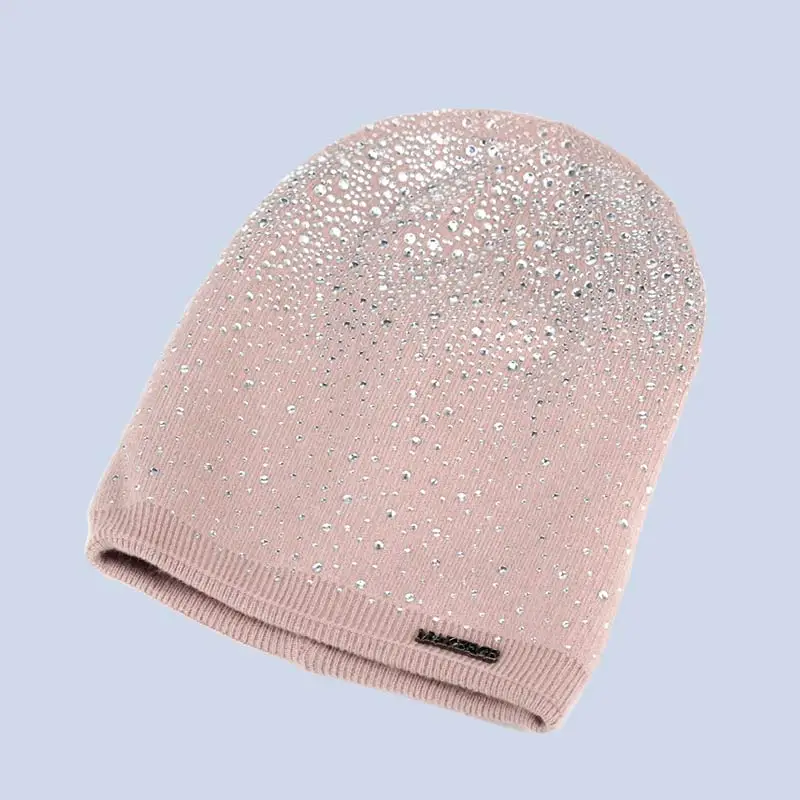 Pink Зимняя женская блестящая шапка с бриллиантом, Вязаная Шерстяная Круглая Шапочка, Женская Повседневная маска, Лыжные шапки, толстые теплые шапки для шляп со стразами - Цвет: Pink