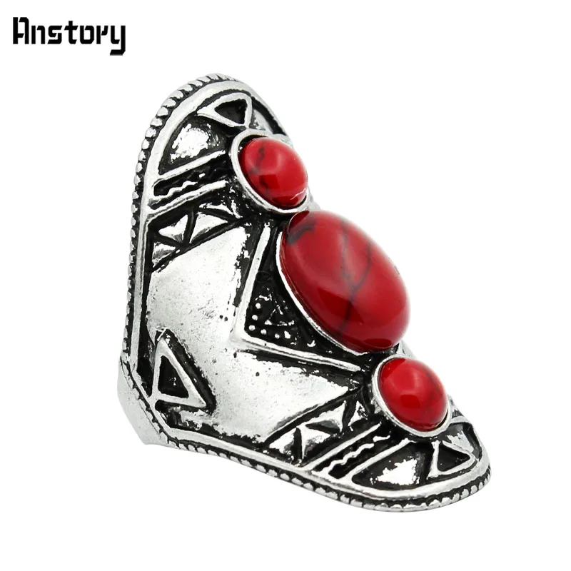 Винтаж три красных Камни кольцо для Для женщин Античная Посеребренная Модные