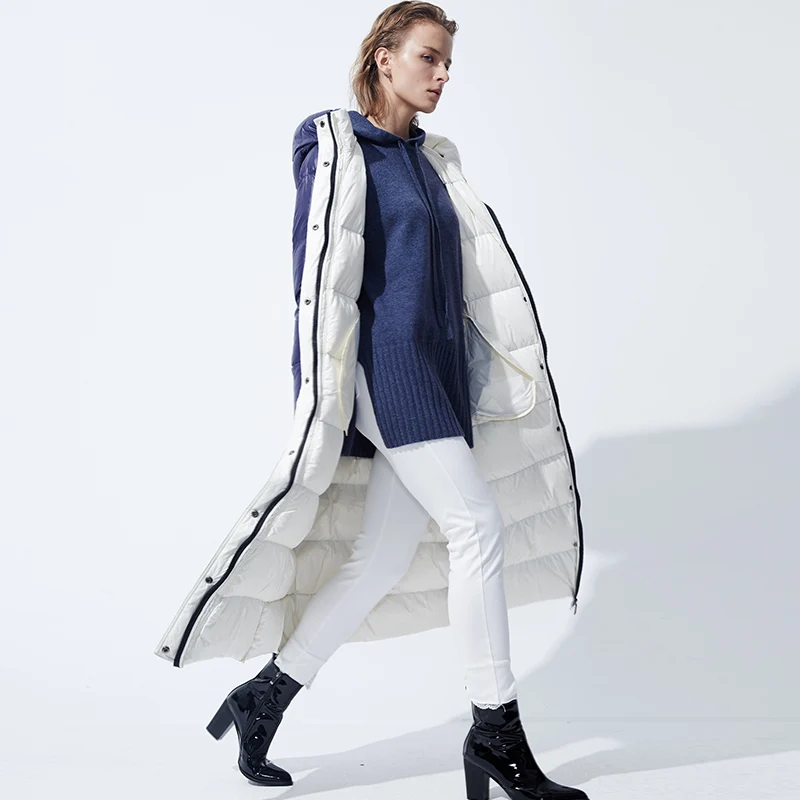 100% новый женский зимний пуховик внешняя длинная Личность Мода 2018 белый гусиный