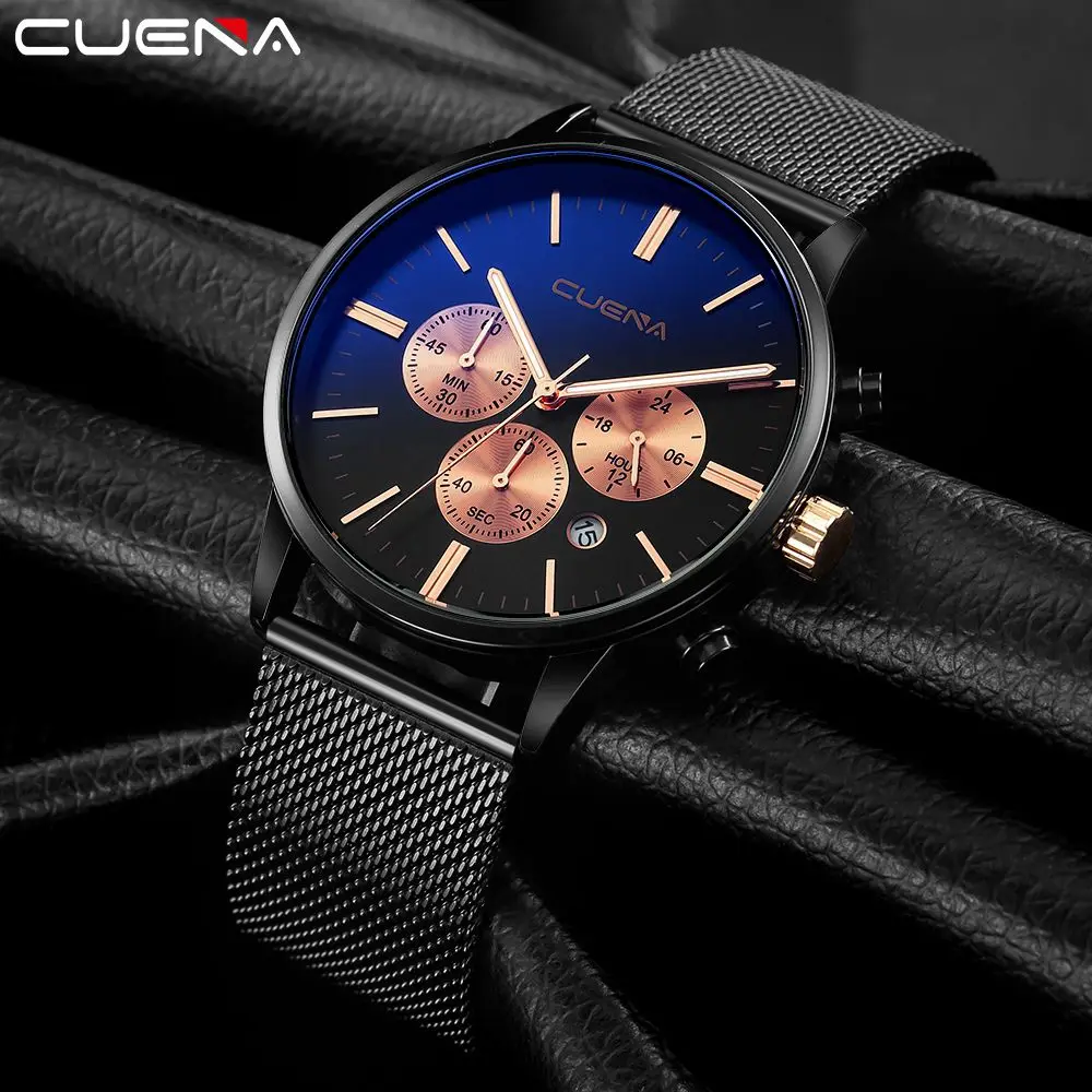 CUENA Watches Men Mesh Luxury Brand Strap Business Stainless Steel Watch Men's Quartz Multi-function Wrist | Наручные часы