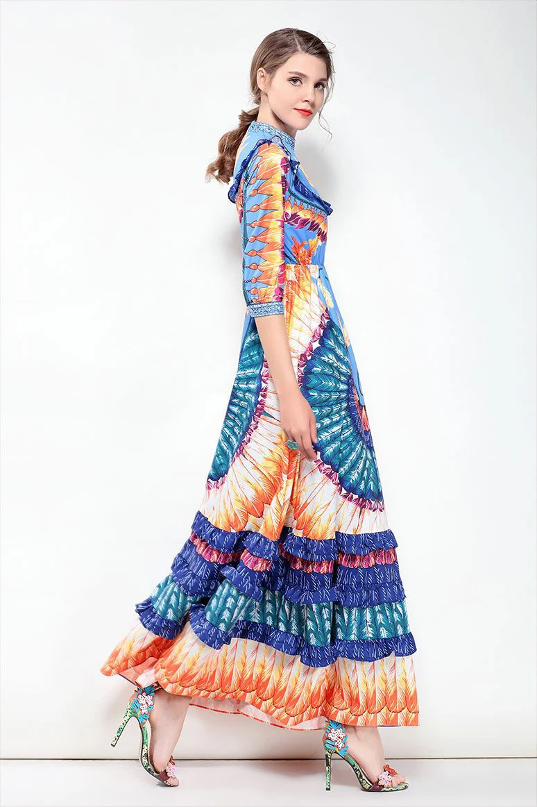 2018 Summer Runway Dresses Short Sleeves Beads Diamonds Print O-collar Ankle-Length Women's Dress Vestidos De Festa D1410 | Женская