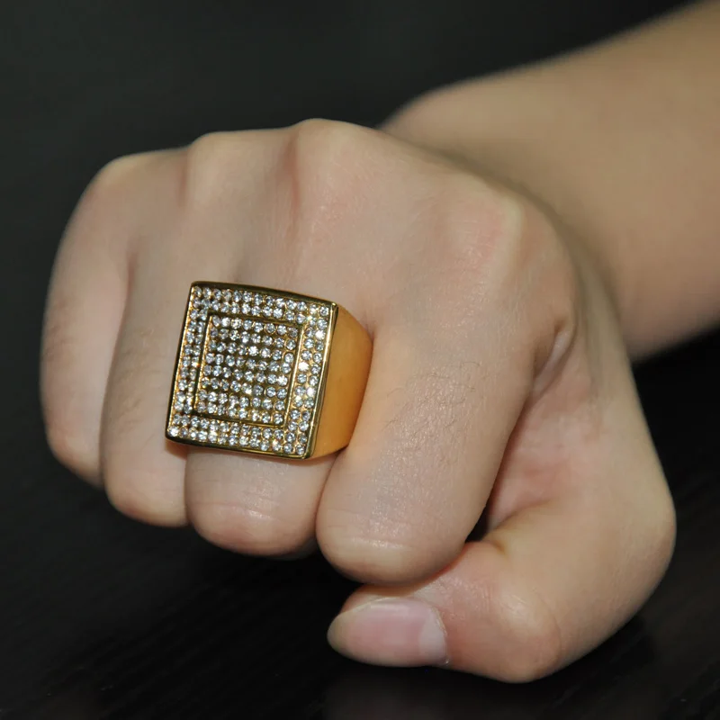 Хип-хоп микро проложить горный хрусталь Iced Out Bling большой квадратный Кольцо IP позолоченные титановые кольца из нержавеющей стали для мужчин ювелирные изделия