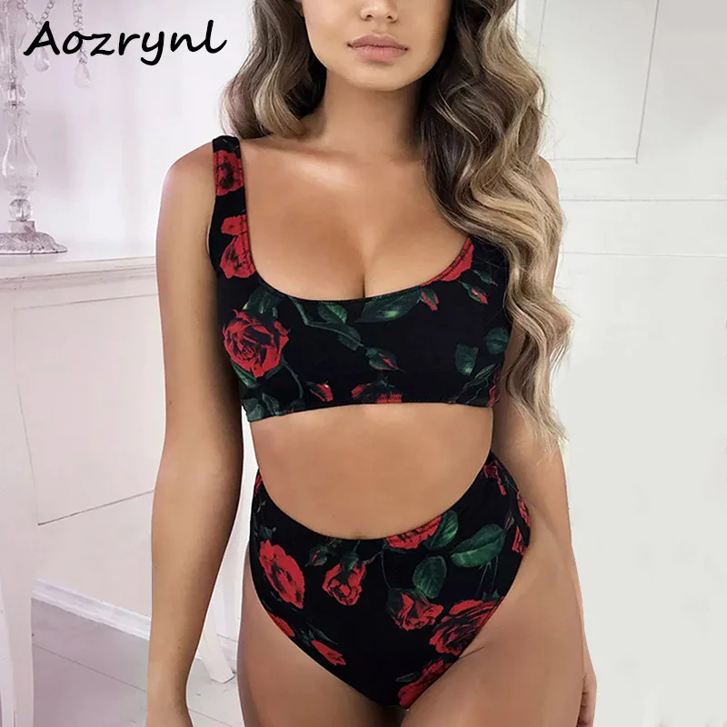 AOZRYNL 2018 бикини с высокой горловиной сексуальный купальник женский цветочный