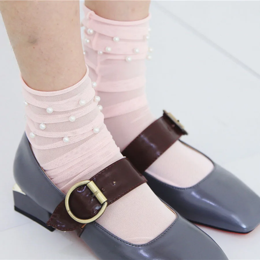 12 Pairs Mesh Pearls Women Socks Fashion Female Princess Heap Heap Meias Soft Funny Socks Transparent Elastic Hosiery Sox