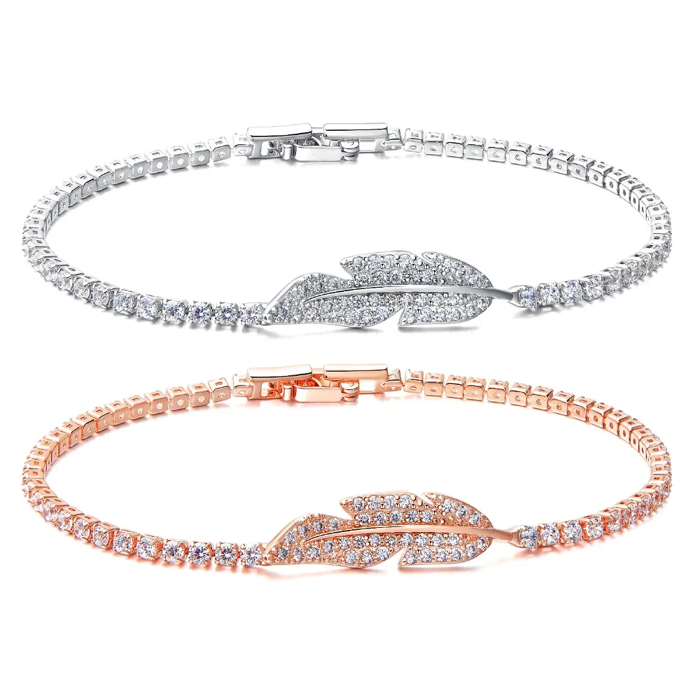 Felicelia Fashion Leaf Design Rhinestone Cubic Zirconia Tennis Bracelet Silver/ Rose Gold Color Chain For Women Girl | Украшения и