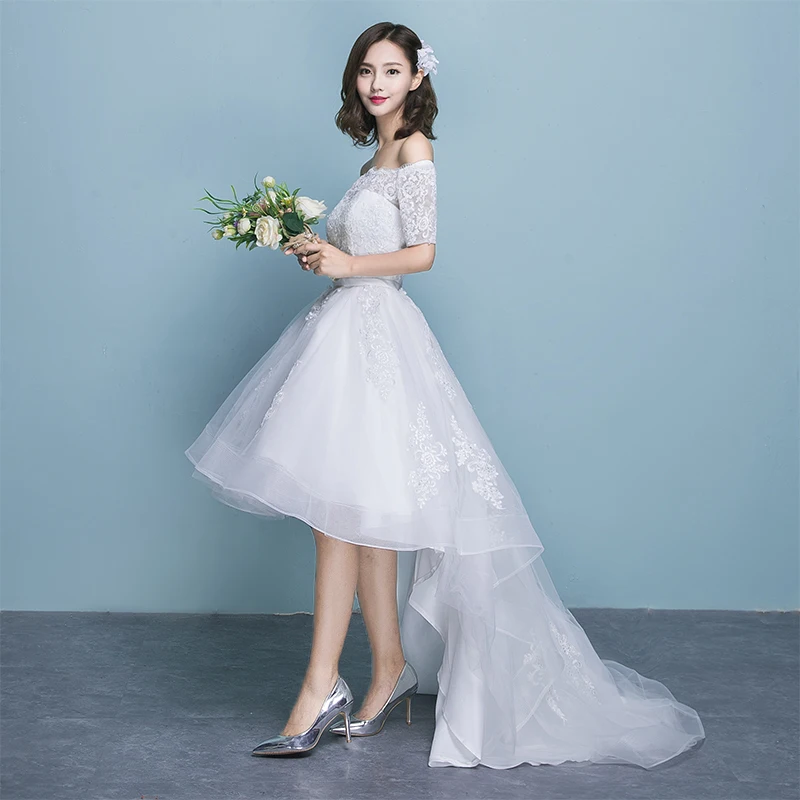 

A Line Sweetheart High Low Wedding Dresses Organza Appliques Short Front Long Back Bridal Gowns Customize guna bainise