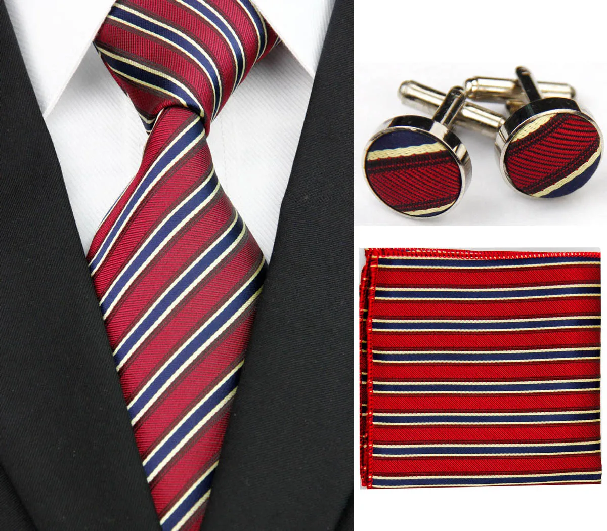 Mens Accessories Tie for Men Striped Pattern Silk Necktie Ties Set Hanky Handkerchief Cufflinks Red Yellow Blue 118|tie microphone|accessories