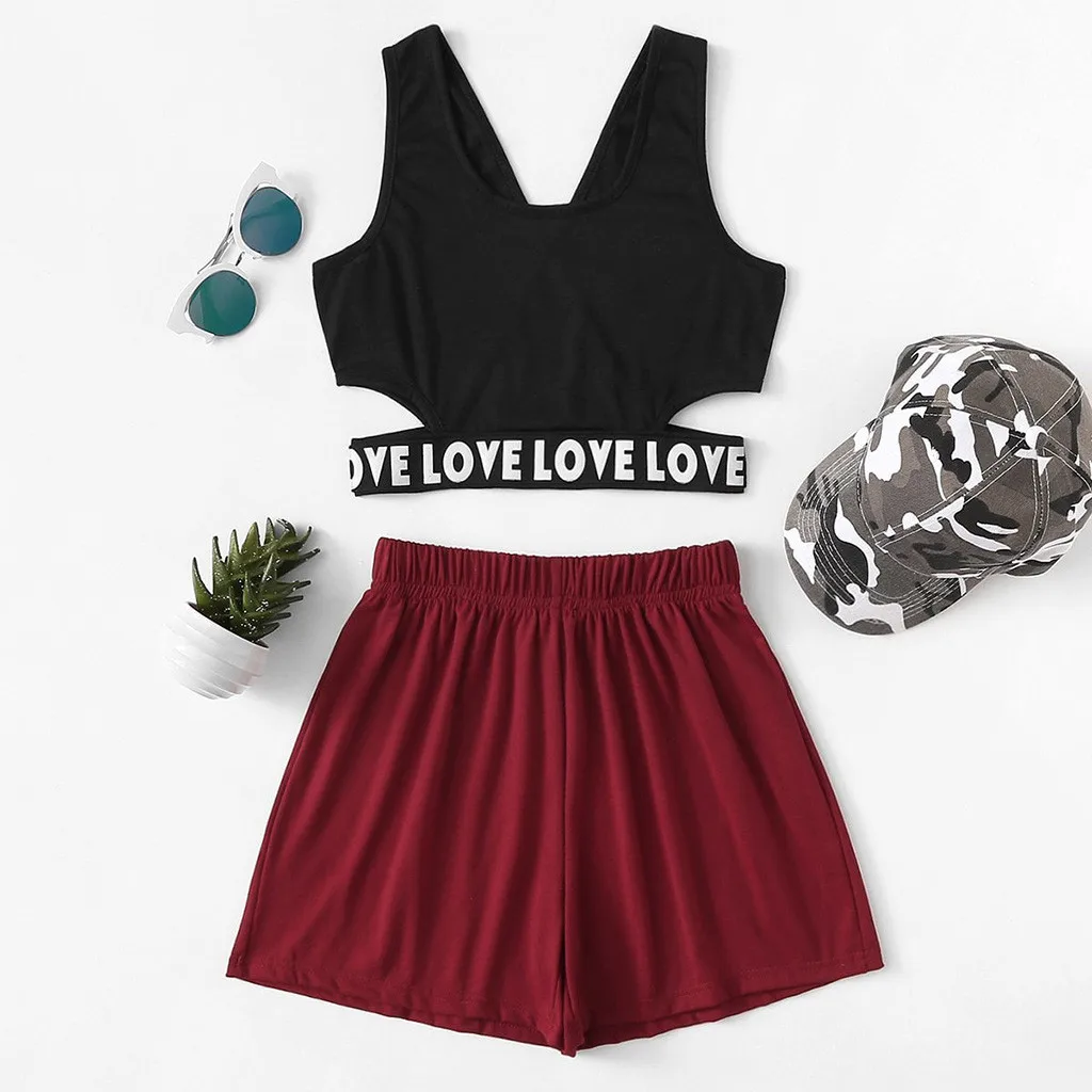 

2 Piece Set Spring Summer Casual Smmer Letter Sleeveless Summer O-Neck Top And Mini Shorts Set Casual Suit Conjuntos De Mujer