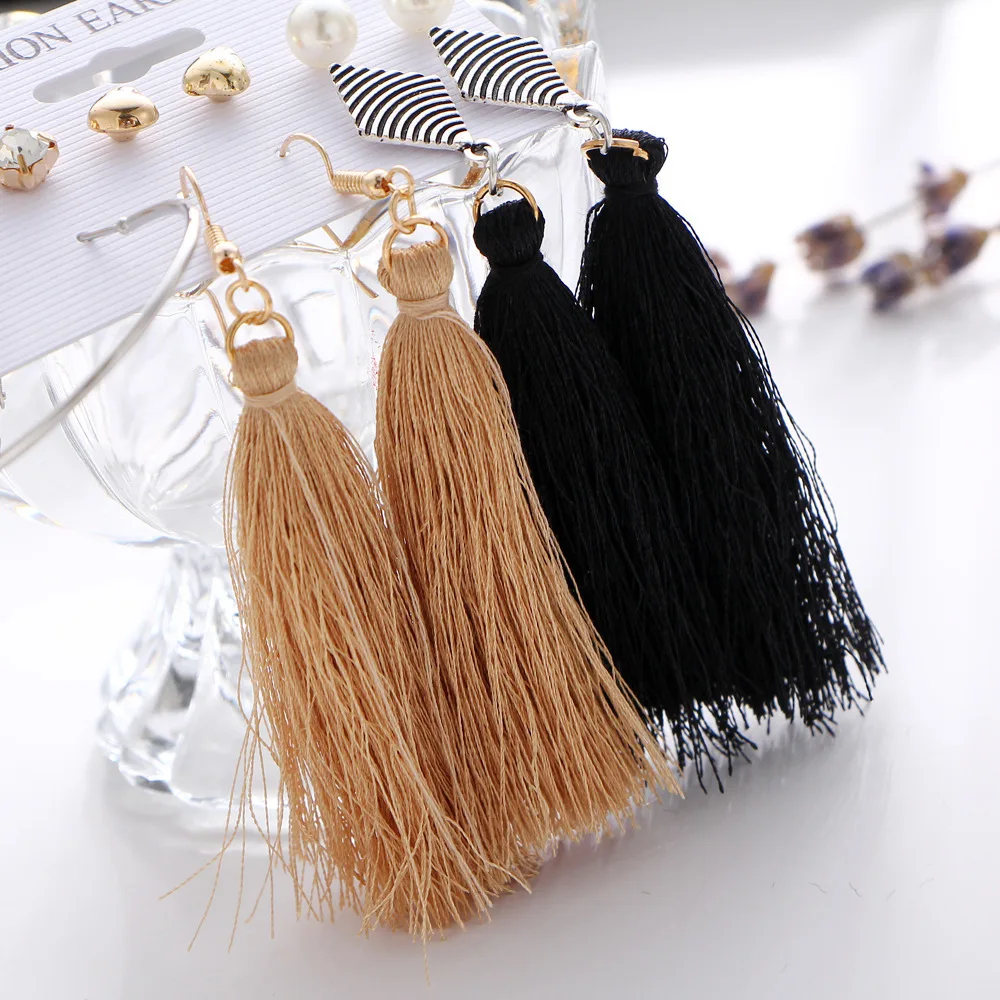 Tassel Fringe Korean Women Earrings 2019 Earring Triangle Long Sets Pendientes Mujer Moda Six-piece Set | Украшения и аксессуары