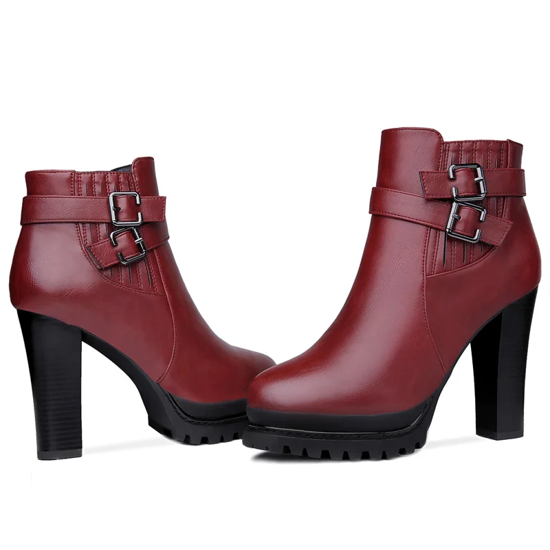 

2020 Autumn Winter Fashion Women Boots High Heels Platform Buckle Zip Leather Short Booties Black Ladies Shoes Women Boots