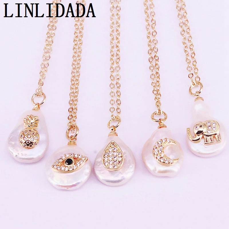 

10 шт, смешанный случайный, натуральный жемчужный кулон с cz микро проложить золотой Шарм Модный речной жемчуг кулон ожерелье