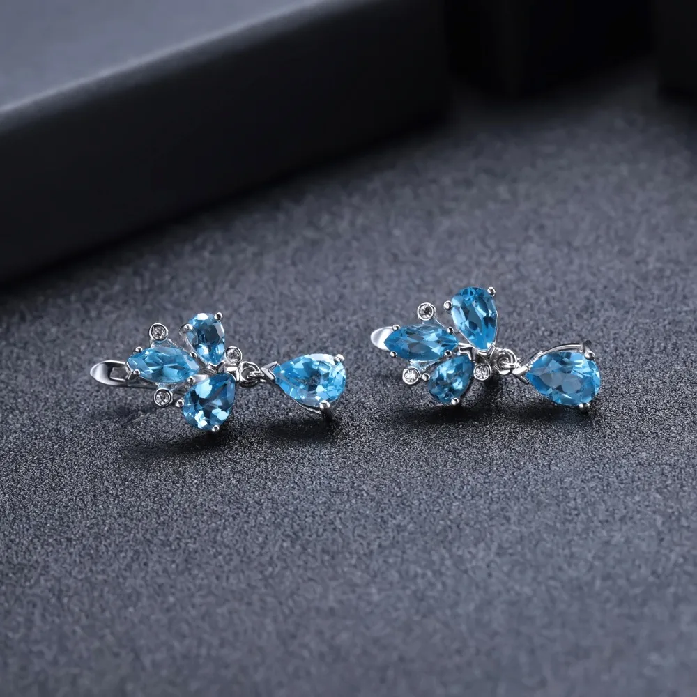 Серьги подвески женские из серебра 925 пробы с натуральным швейцарским голубым