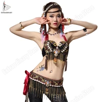 belly dance costume set gypsy bra belt tribal women ats stage performance tops adjustable beads black bras hip scarf 2pcs