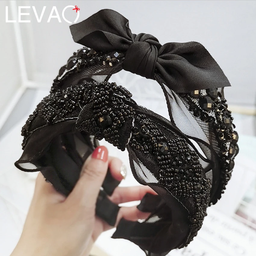 

LEVAO Retro Black Bow Bead Hairbands for Women Rhinestone Crystal Beads Headbands Mesh Fabric Knotted Wide Hairband Hair Hoop