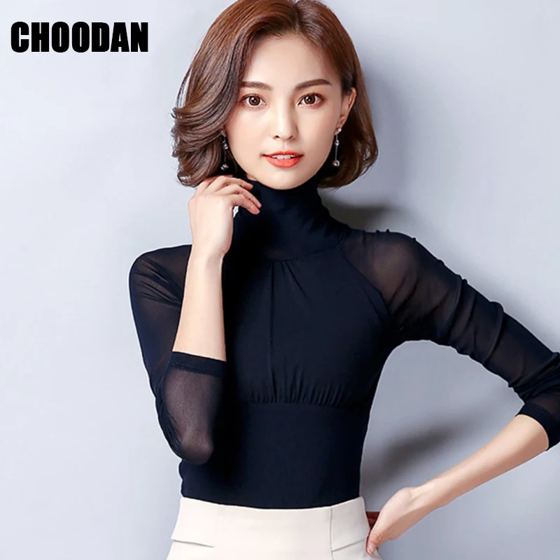 Elegant Blouse Long Sleeve Turtleneck Autumn Winter 2018 England Style Pleated Basic Shirt Fitness Full Mesh Tops Women |