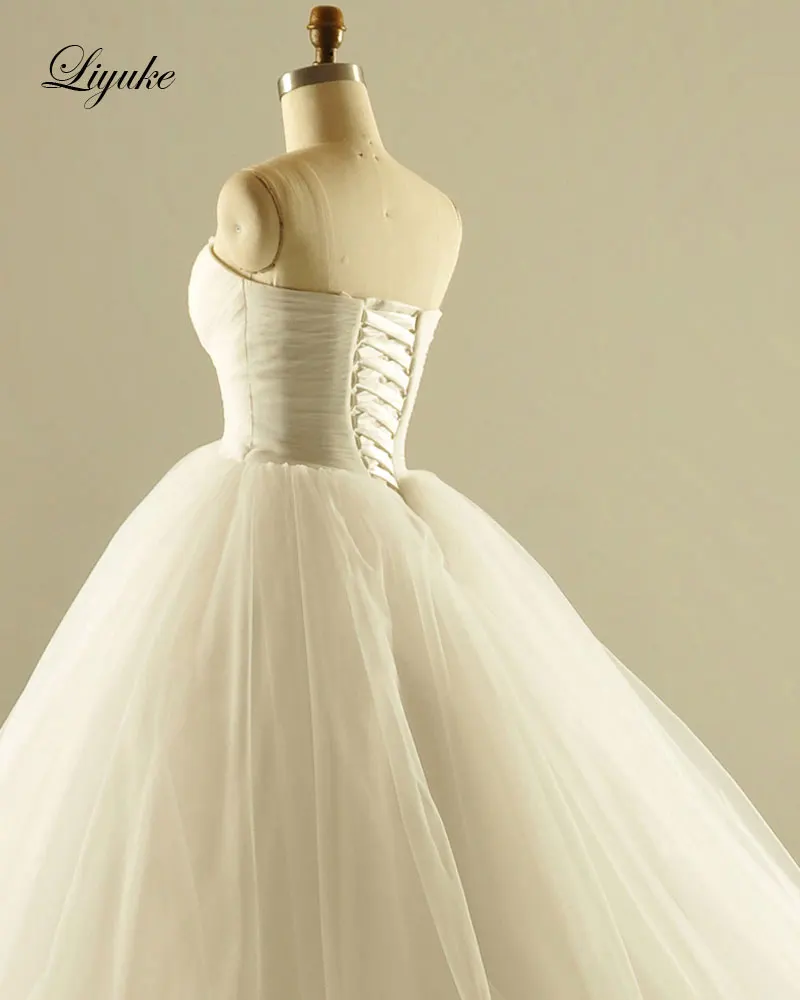 

Liyuke Off The Shoulder Strapless Ball Gown Wedding Dress Tulle Lace Court Train Sleeveless Bridal Dress vestido de casamento