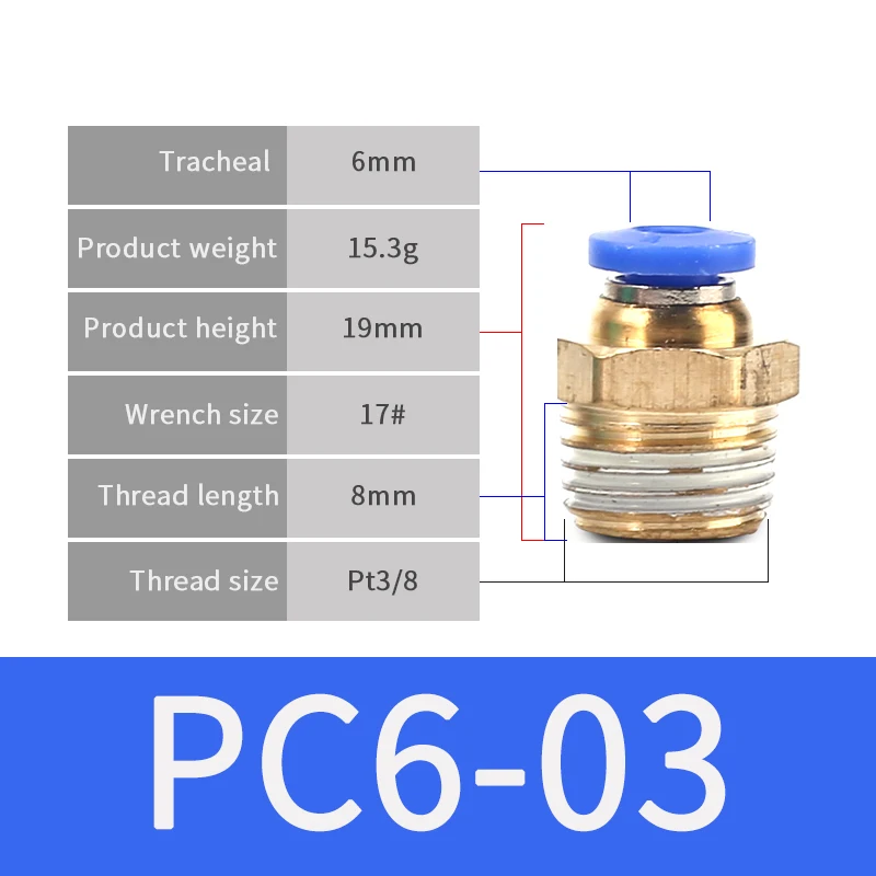 PC6-03 1 шт. прямой тип пневматической винтовой резьбы быстрые разъемы фитинг 4 мм-16 мм шланг трубки одно касание в газовые фитинги медь - Цвет: PC6-03