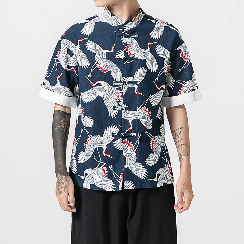Camisa мужская летняя рубашка с принтом короткий рукав многоцветная со стоячим