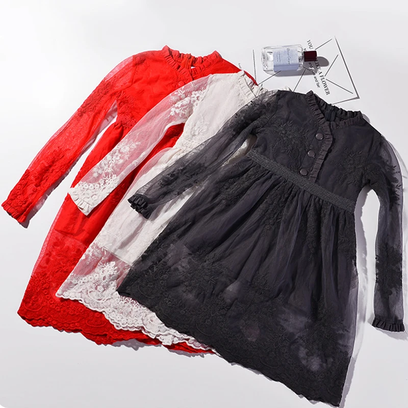 Kids Vintage lace embroidery flower girl toddler long sleeve mesh mini dress korean fashion 2018 lovely birthday Costume party | Детская