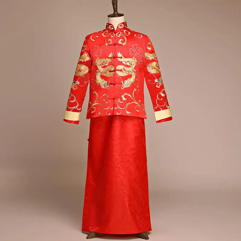 Высокое качество Мужская Свадебная одежда Тан 2 шт. топ и юбка Hanfu Китайская традиционная вышивка дракон Жених Свадебный костюм - Цвет: Red Dragon Suit A