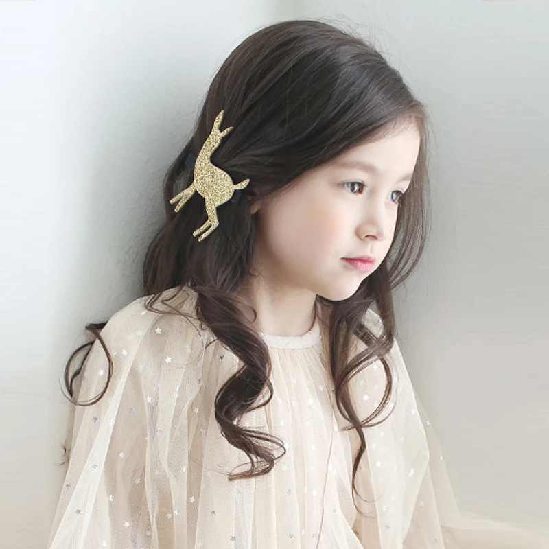 Lovely Reindeer Hairpins Glitter Felt ponies Gold Silver Hair clip barrettes Princess Headwear Fashion accessories for girl | Детская