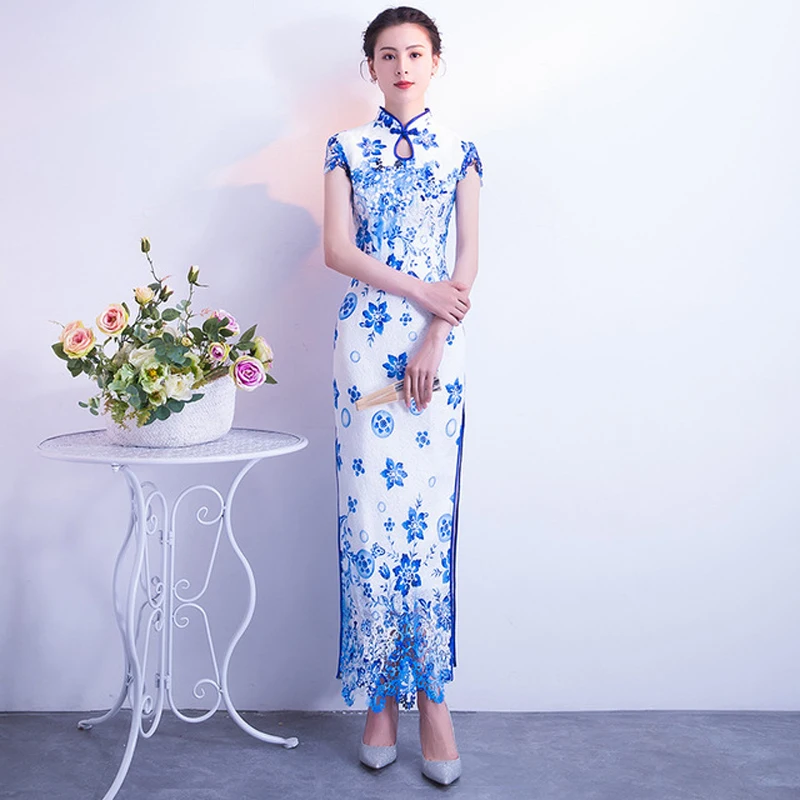 Синий белый фарфоровый чеонгсам сексуальное Qipao длинное модное раздельное