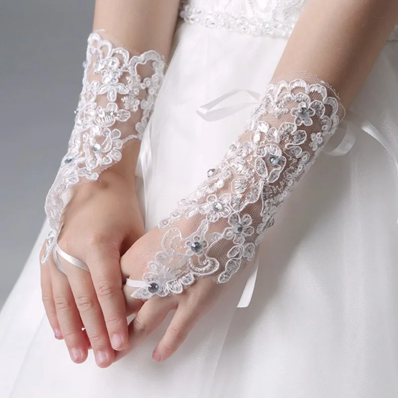 Pretty cheap Free shipping finger elbow length one size children lace diamond wedding dress gloves | Свадьбы и торжества