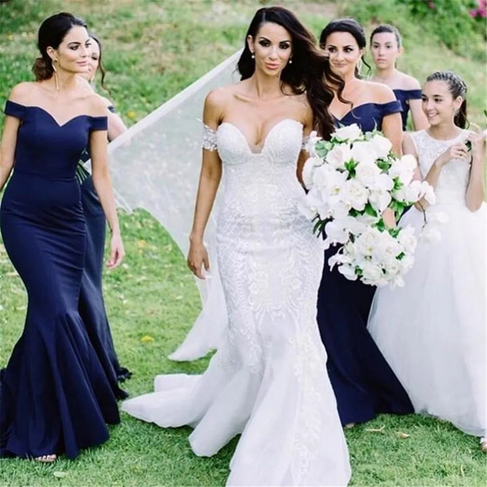 

2019 Navy Blue Long Dresses Bridesmaid Boat Neck Sweep Train Mermaid Wedding Party Gowns Hot Selling Vestido De Festa Largo