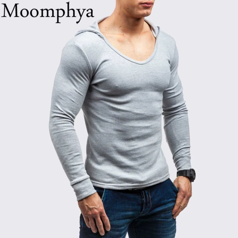 

Мужская футболка с капюшоном Moomphya, футболка с длинными рукавами и низким воротником, уличная футболка в стиле хип-хоп, облегающая футболка, ...