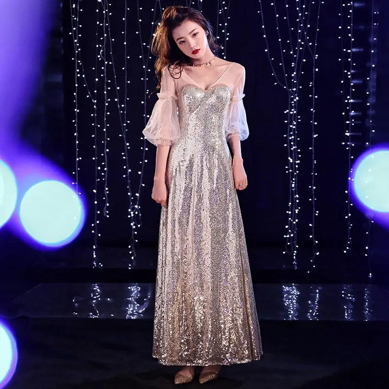 V-neck Sexy Evening Gown Luxury Long Celebrity Dress For Women Sequins Vestido De Noche Elegante Fishtail Robe De Soiree - Color: Gold long