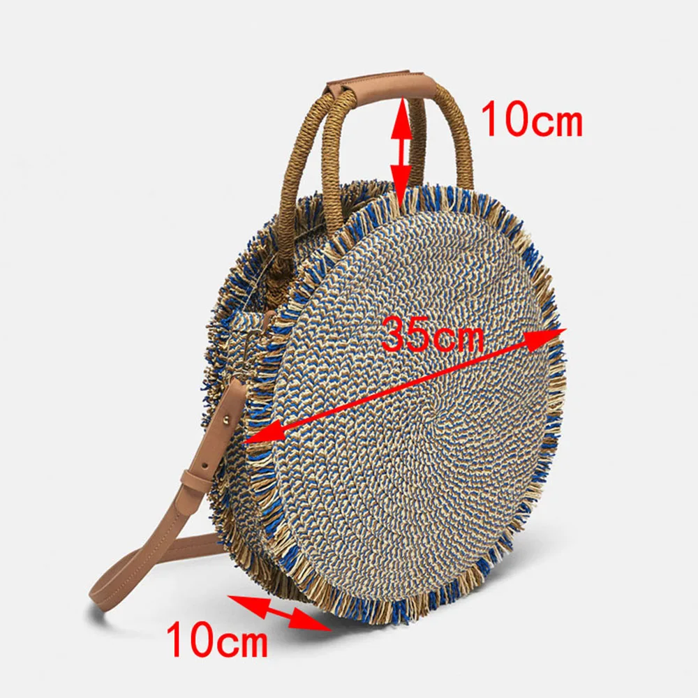 

Women beach woven bag Round Tote fringed beach wovenShoulder Travel bag Fashion New tassel Handbag High quality Straw bag