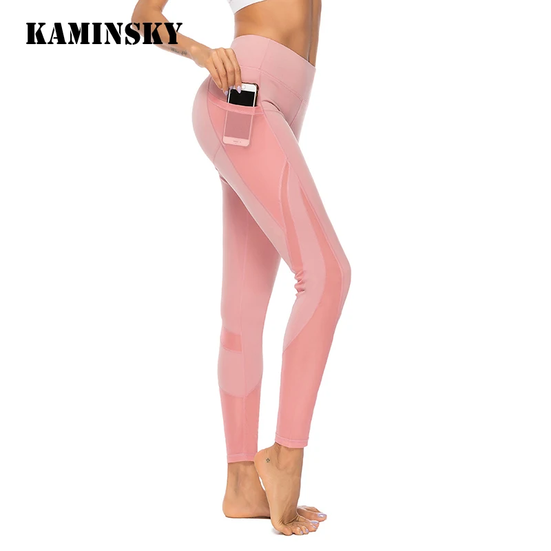 Kaminsky Модные женские леггинсы для фитнеса шорты с завышенной талией и карманами тренировочные эластичные джинсы женские сетчатые лоскутные леггинсы 4 вида цветов