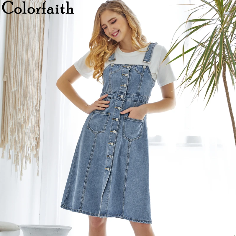 Colorfaith Джинсовое платье миди длина до колена. Женский сарафан с карманами из