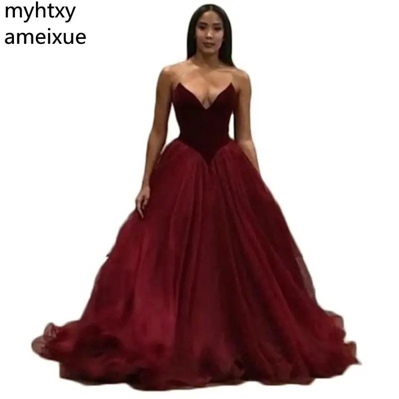 

New Sexy Cheap Plus Size Court Train Ball Gown Red Long Evening Dresses For Hi Low Women Tulle Prom Party Gowns Robe De Soiree