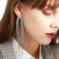 diamante rhinestone strip long earrings silver color full cz crystal dangle earrings for women fashion bridal jewelry