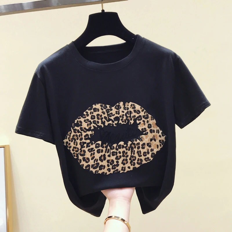 Лето 2019 Новое поступление leopard письма с коротким рукавом женская футболка летняя