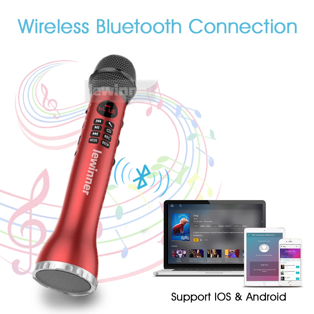 Lewinner профессиональный микрофон для караоке беспроводной динамик портативный Bluetooth микрофон для телефона iphone ручной динамический микрофон