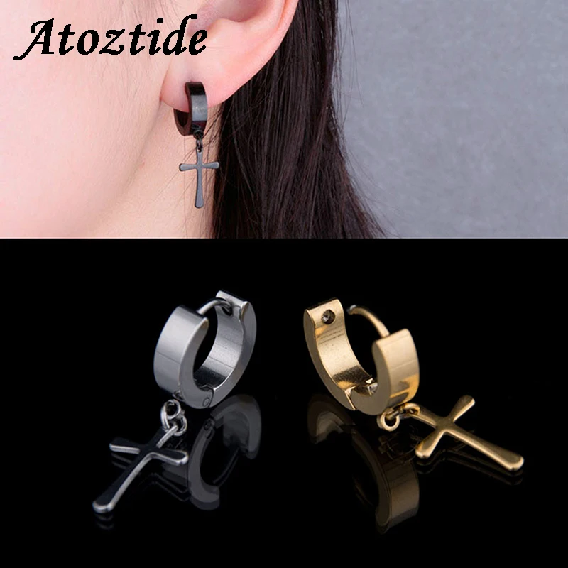 Atoztide 1pcs Stainless Steel Piercing Cross Stud Earrings For Women Men Personality Black Tassel Barbell Party | Украшения и